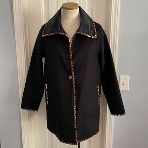 Soft Surroundings Small Black Wool Blend Coat w/ Animal Print Trim